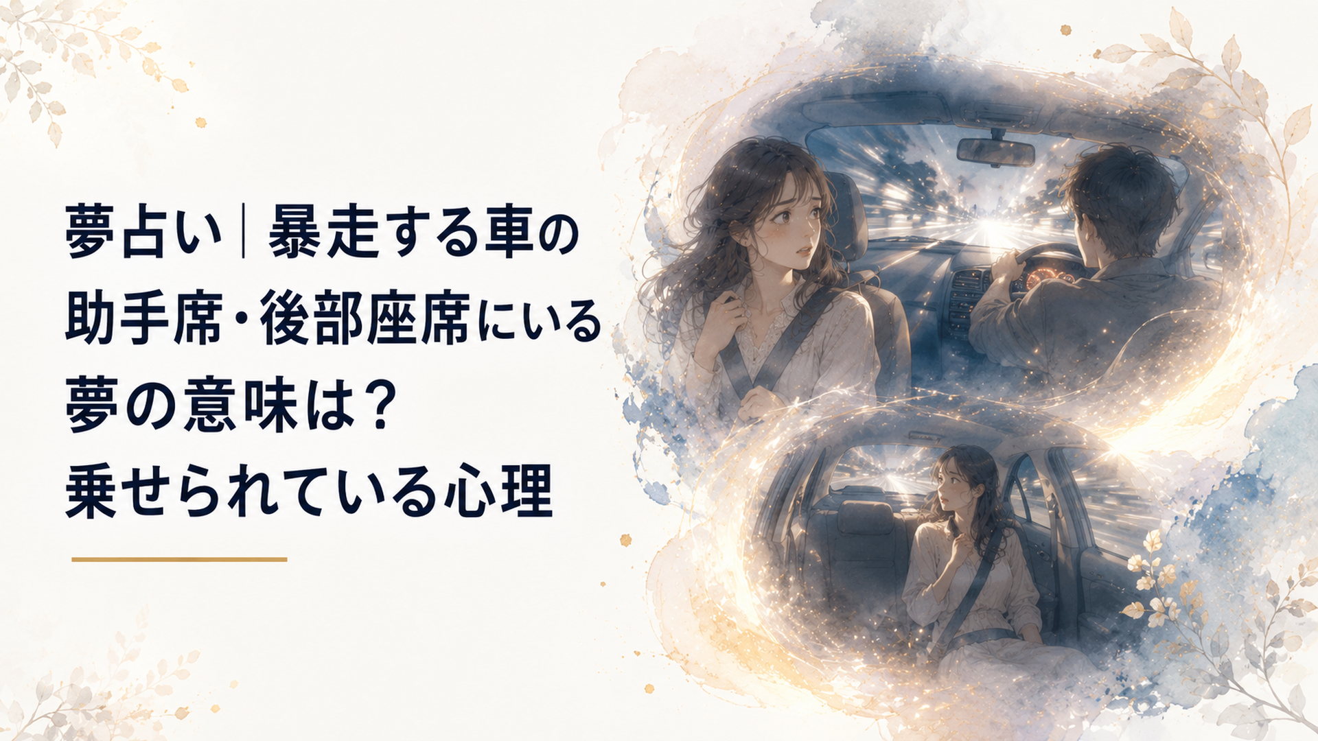 暴走する車の助手席と後部座席で不安を感じながら運転手を見る女性を幻想的に描いた場面