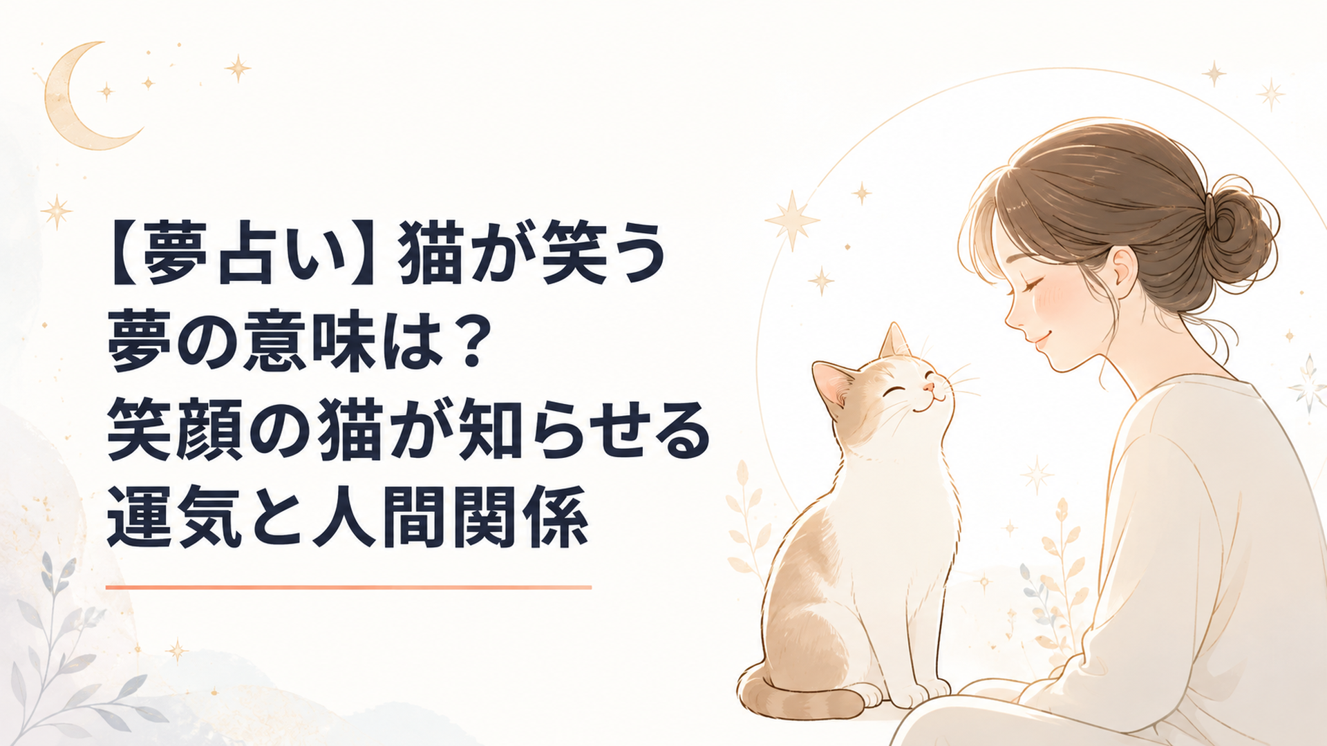 穏やかに笑う猫と向き合い安心した表情を浮かべる女性