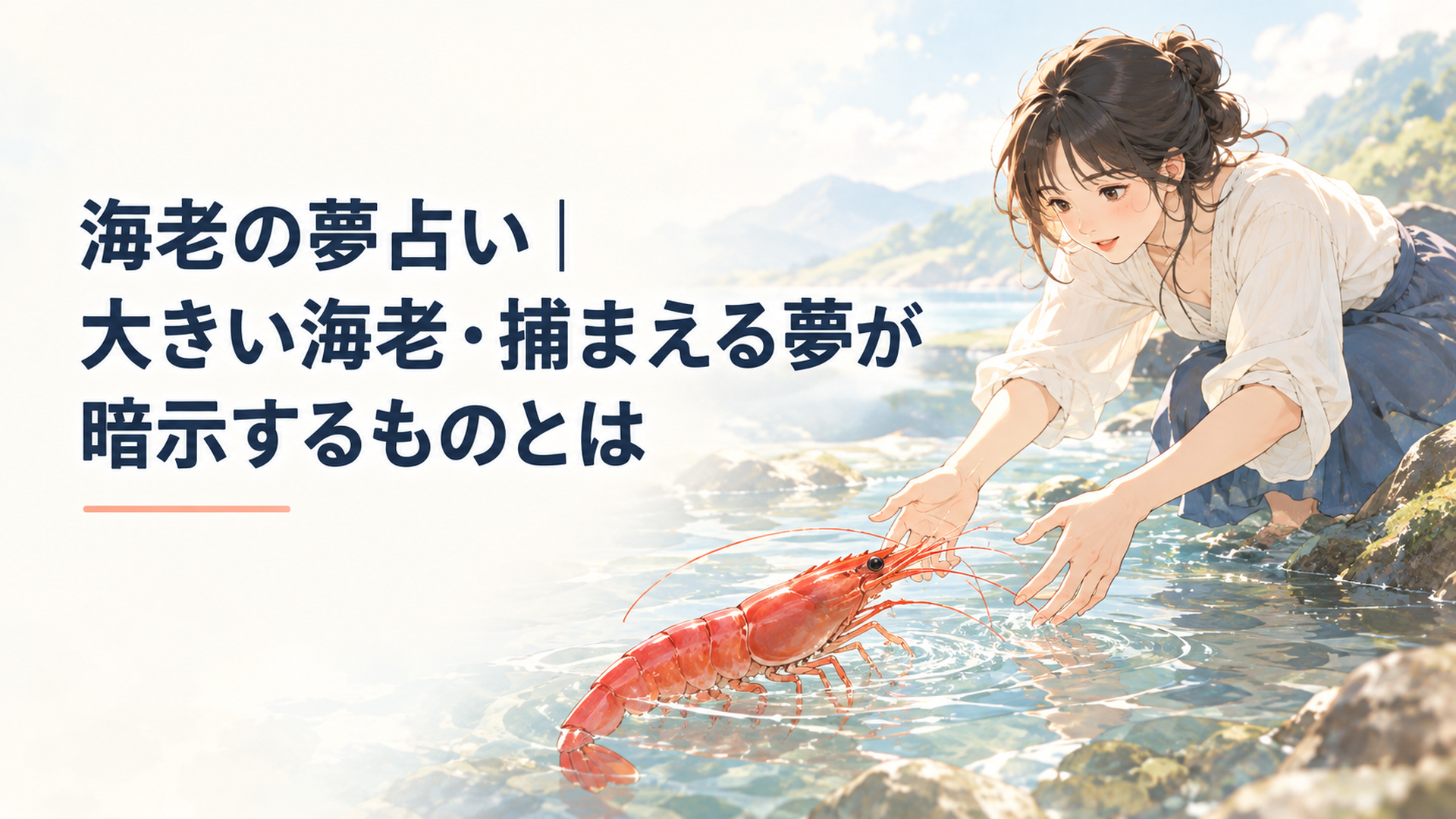 水辺で大きな赤い海老を見つけ自分の手で捕まえようとしている女性