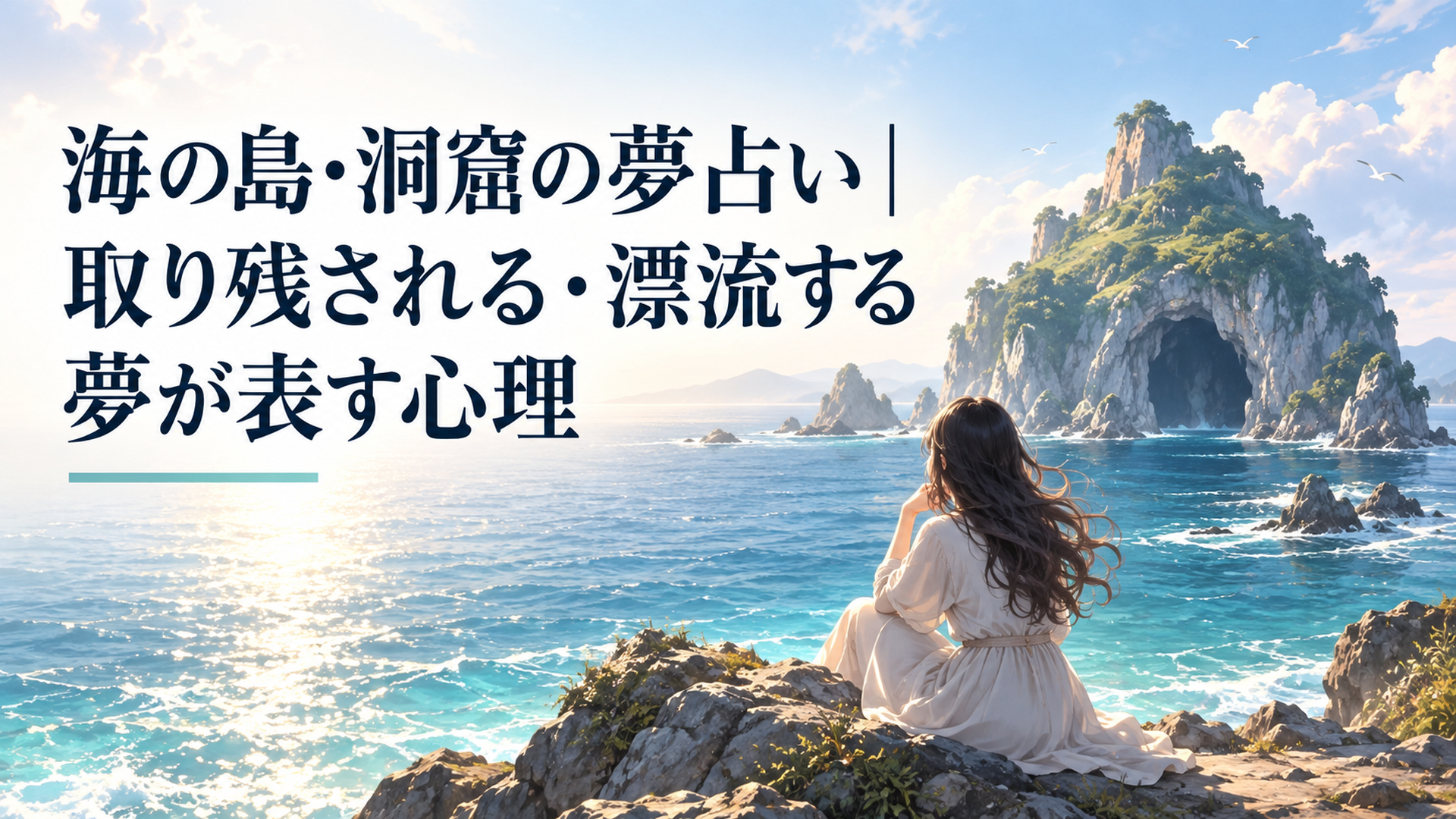 広い海に浮かぶ孤島と海辺の洞窟を前に、これから進む方向を静かに考えている女性の幻想的な場面